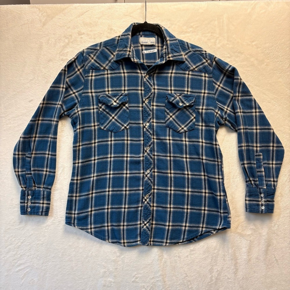 Wrangler Shirt Men Large Blue Plaid Vtg Western Pearl Snap Flannel Wrancher‎
